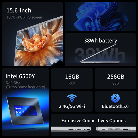 Business Laptop Computer 16GB RAM 256GB SSD Intel Pentium Gold 6500Y Dual-Core 15.6" 1080P FHD Display WiFi5 BT5.0 Type-C Fast Charging Online Learning, Home Office, Silver