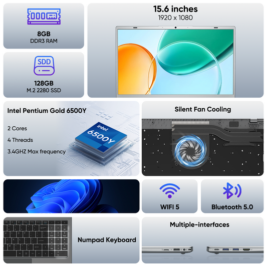 Laptop Computer 15.6" FHD 1920×1080, Intel 6500Y, 8GB RAM 128GB SSD, Privacy Camera Numeric Keyboard WiFi 5 Bluetooth 5 Silver Notebook for Home Office Everyday Tasks