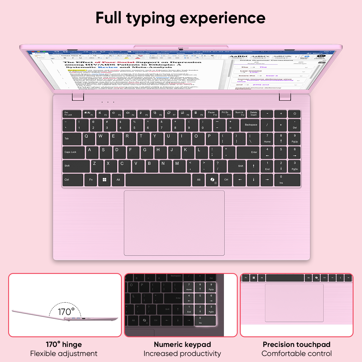 Pink Laptop Computer, Intel 6500Y up to 3.4GHz 8GB RAM 256GB SSD with Numeric Keypad WiFi 5 Bluetooth 5 Slim Notebook for Back to School Home Office