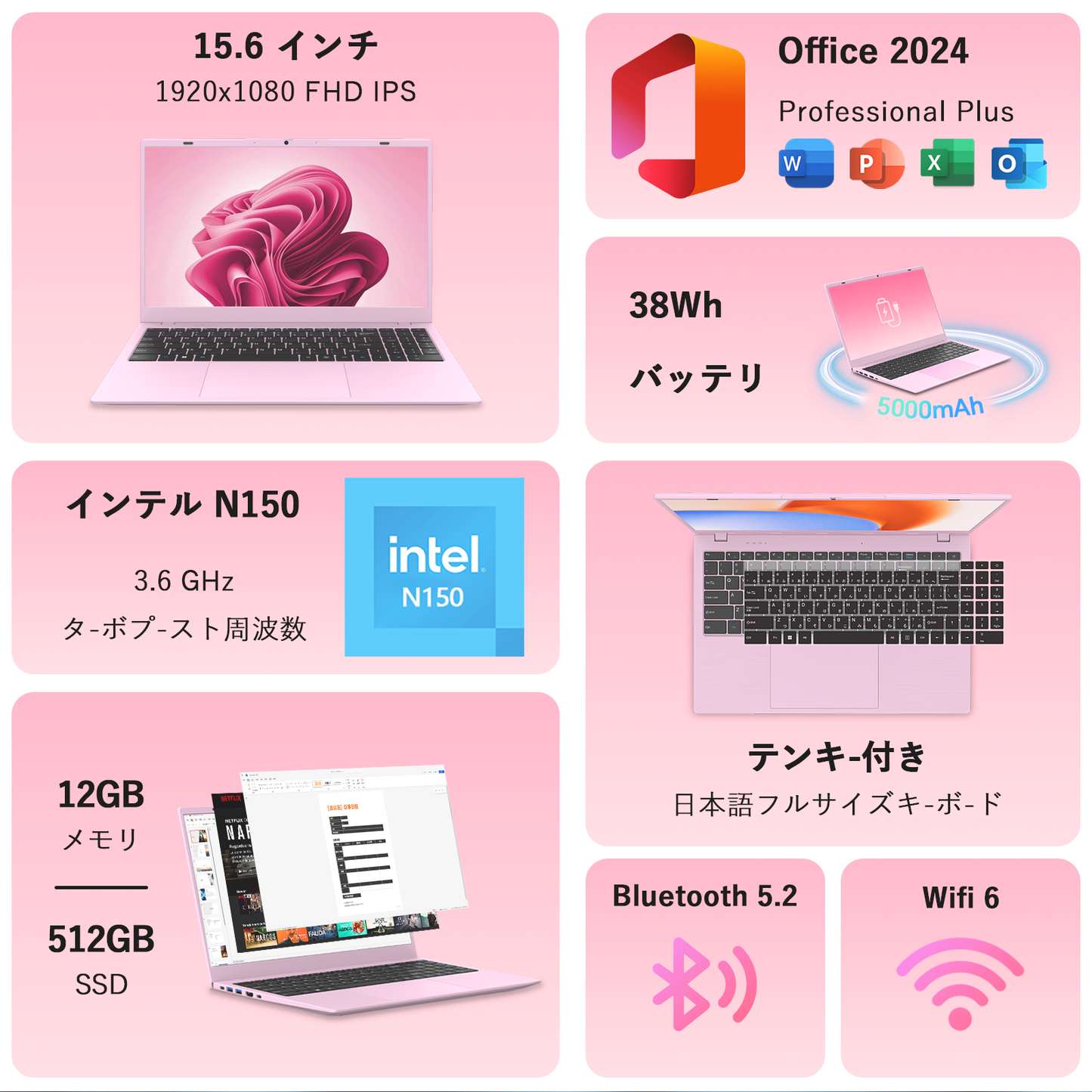bitecool 15.6型ノートパソコン(fhd ips/intel n150/12gb ram/512gb ssd/日本語キーボード搭載)の製品仕様