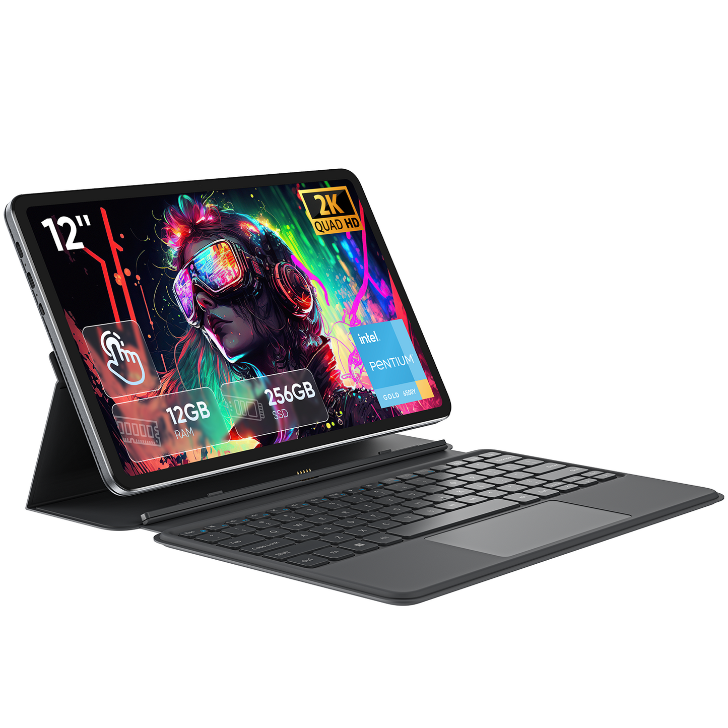 2-in-1 Tablet with Magnetic Keyboard Intel 6500Y 12GB RAM 256GB SSD, 12" 2000×1200 IPS Touchscreen WiFi 5 Bluetooth 5.0 Portable Tablet Laptop for Students Office Work & Travel