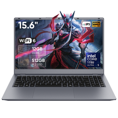 Laptop Computer 15.6" FHD 1080p Display, Intel Ultra 5 115U 8 Core 10 Thread Processor, 12GB RAM 512GB SSD, Backlit Keyboard WiFi 6, Gray Notebook for Business and Home Use