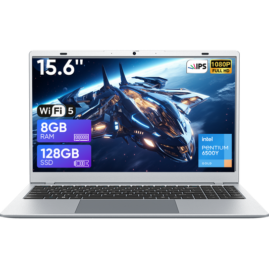 Laptop Computer 15.6" FHD 1920×1080, Intel 6500Y, 8GB RAM 128GB SSD, Privacy Camera Numeric Keyboard WiFi 5 Bluetooth 5 Silver Notebook for Home Office Everyday Tasks