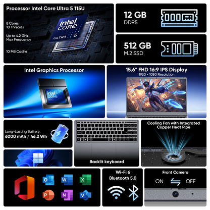 Laptop Computer 15.6" FHD 1080p Display, Intel Ultra 5 115U 8 Core 10 Thread Processor, 12GB RAM 512GB SSD, Backlit Keyboard WiFi 6, Gray Notebook for Business and Home Use