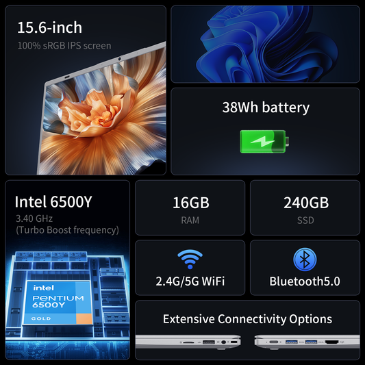 2026 15.6" College Laptop with FHD IPS Display Intel Pentium Gold 6500Y up to 3.4GHz, 16GB RAM 240GB SSD, Type-C PD Fast Charging WiFi 5 Bluetooth 5.0 Lightweight Multi-Port Notebook for Work & Study