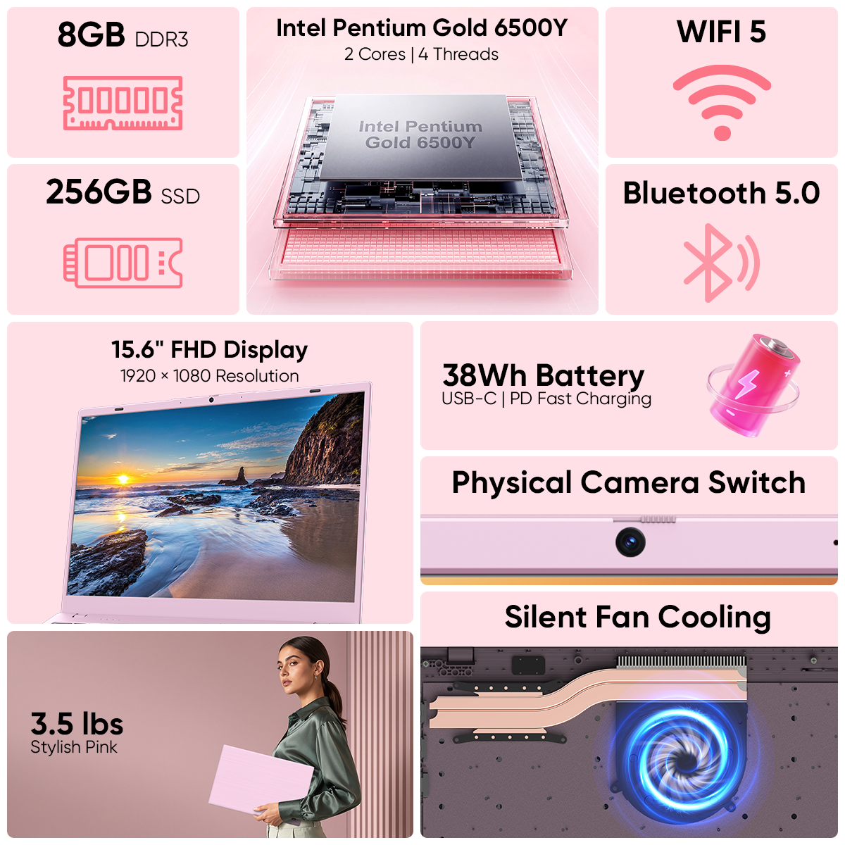 Pink Laptop Computer, Intel 6500Y up to 3.4GHz 8GB RAM 256GB SSD with Numeric Keypad WiFi 5 Bluetooth 5 Slim Notebook for Back to School Home Office