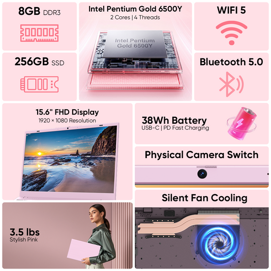 Pink Laptop Computer, Intel 6500Y up to 3.4GHz 8GB RAM 256GB SSD with Numeric Keypad WiFi 5 Bluetooth 5 Slim Notebook for Back to School Home Office