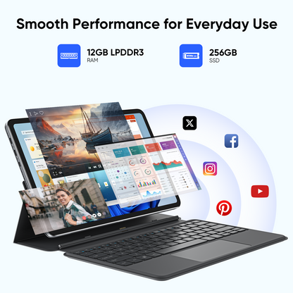 2-in-1 Tablet with Magnetic Keyboard Intel 6500Y 12GB RAM 256GB SSD, 12" 2000×1200 IPS Touchscreen WiFi 5 Bluetooth 5.0 Portable Tablet Laptop for Students Office Work & Travel