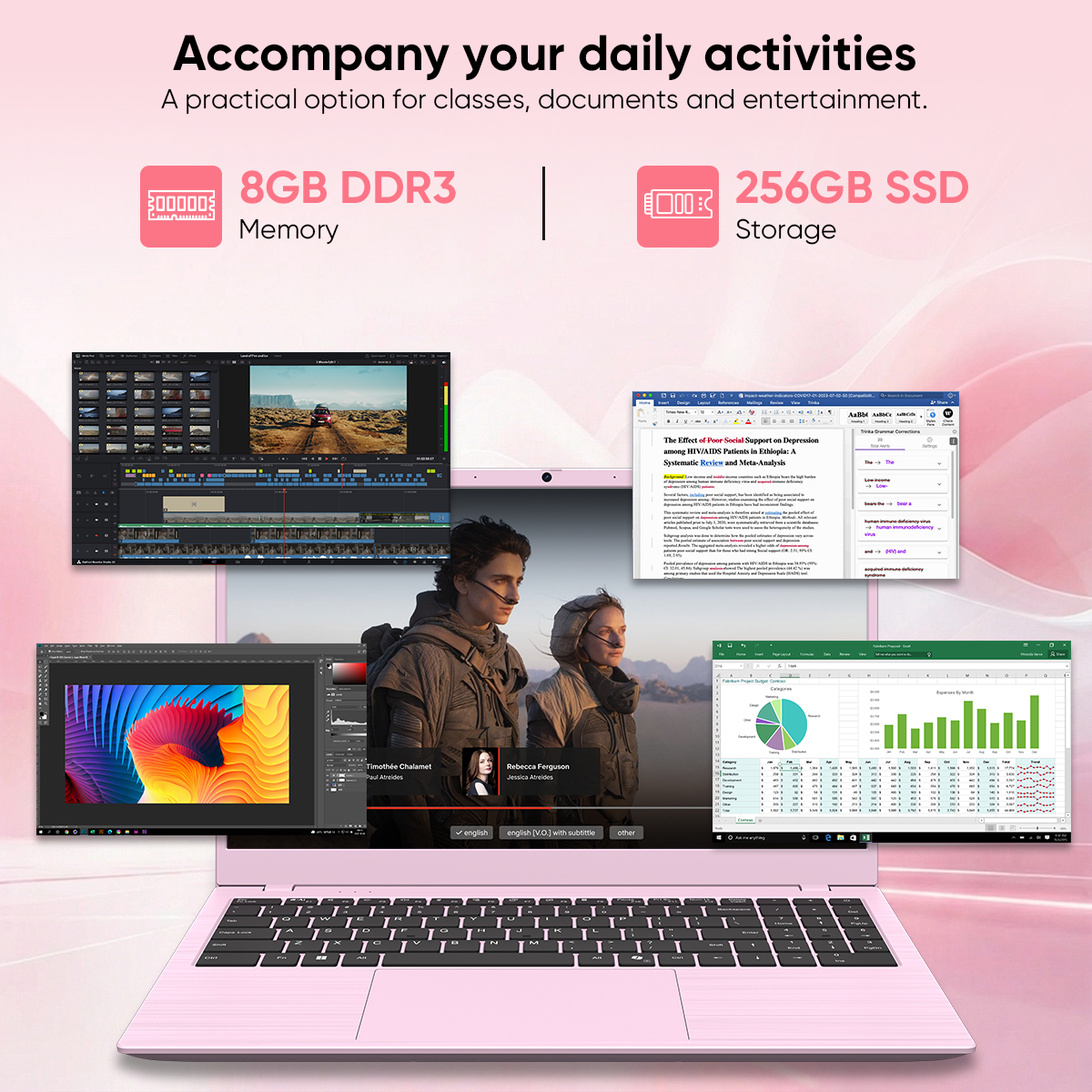 Pink Laptop Computer, Intel 6500Y up to 3.4GHz 8GB RAM 256GB SSD with Numeric Keypad WiFi 5 Bluetooth 5 Slim Notebook for Back to School Home Office