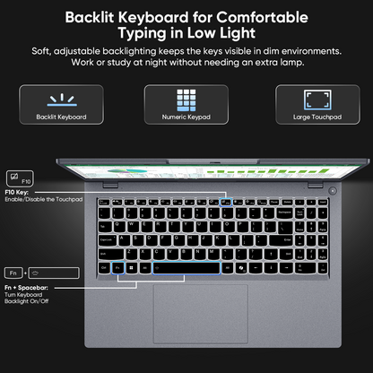 Laptop Computer 15.6" FHD 1080p Display, Intel Ultra 5 115U 8 Core 10 Thread Processor, 12GB RAM 512GB SSD, Backlit Keyboard WiFi 6, Gray Notebook for Business and Home Use